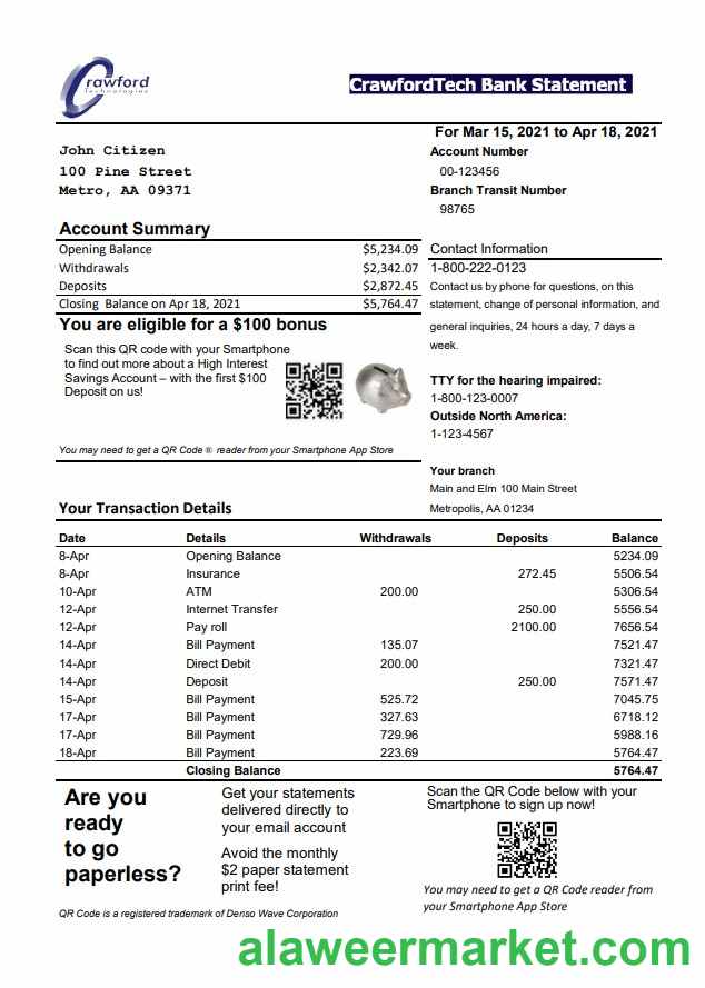 Canada CrawfordTech bank statement easy to fill template in Excel and PDF format